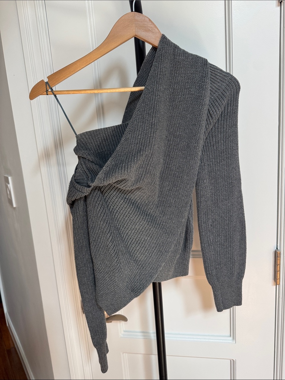 RtA Charcoal Gray Off-the-Shoulder Twist Knit Sweater